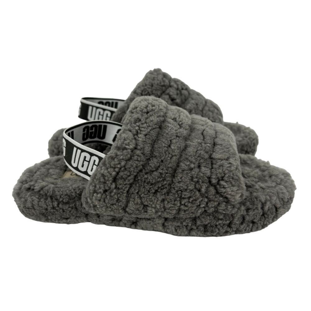 UGG Fluff Yeah Slide Slippers Kids Size 3 Charcoal Gray Sheepskin Rubber Sole